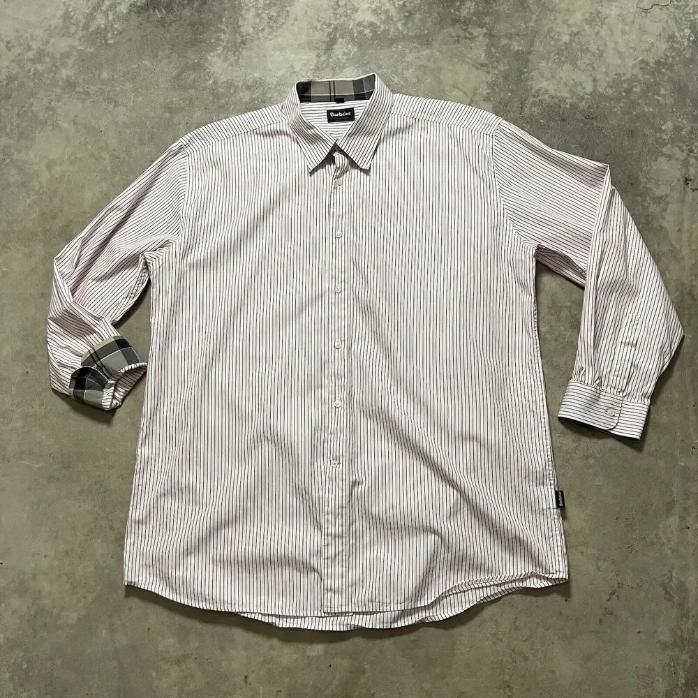 Barbour Shirt‎ Mens XL Red White Stripe Dress Tartan Collared Button Down
